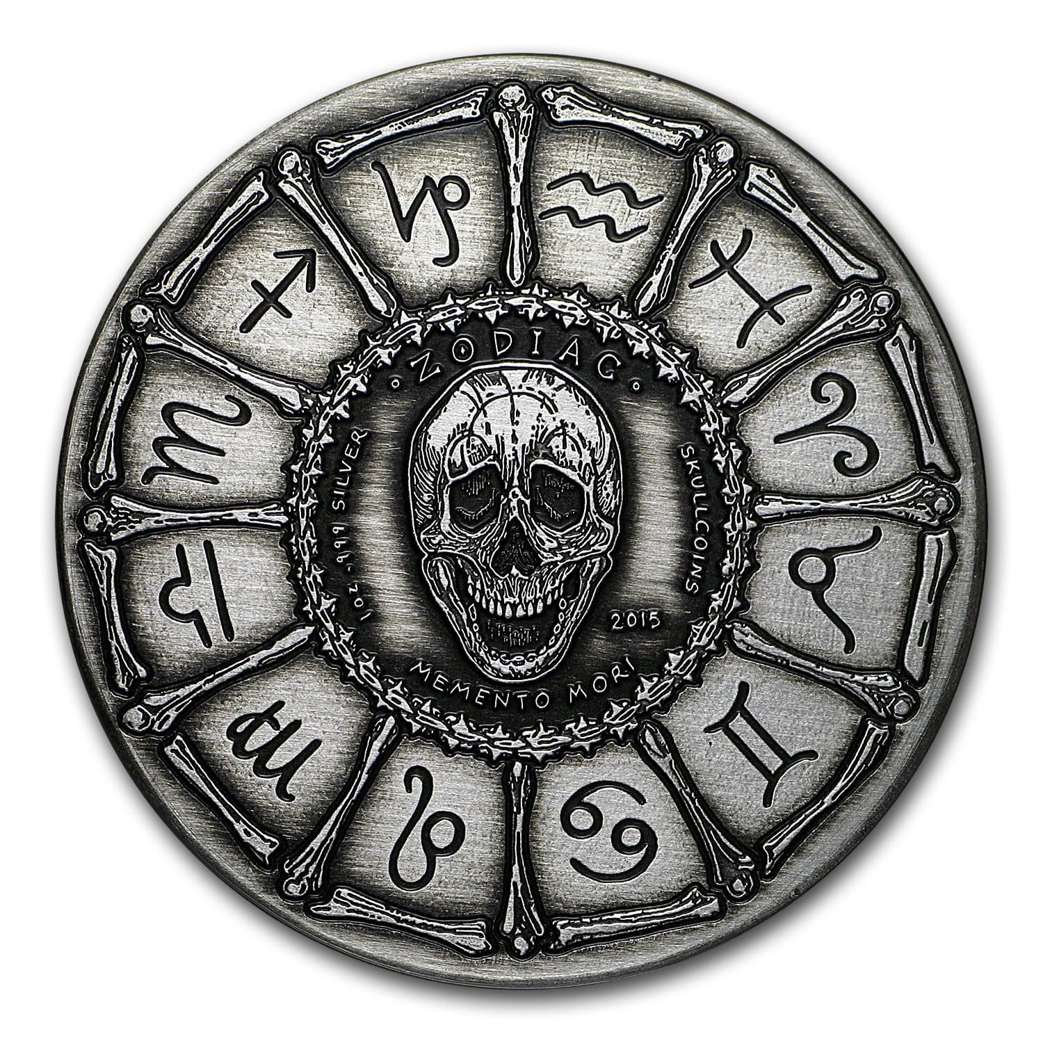 2015 Libra - Zodiac Skull Series 1oz Silver Antiqued Coin Obverse View