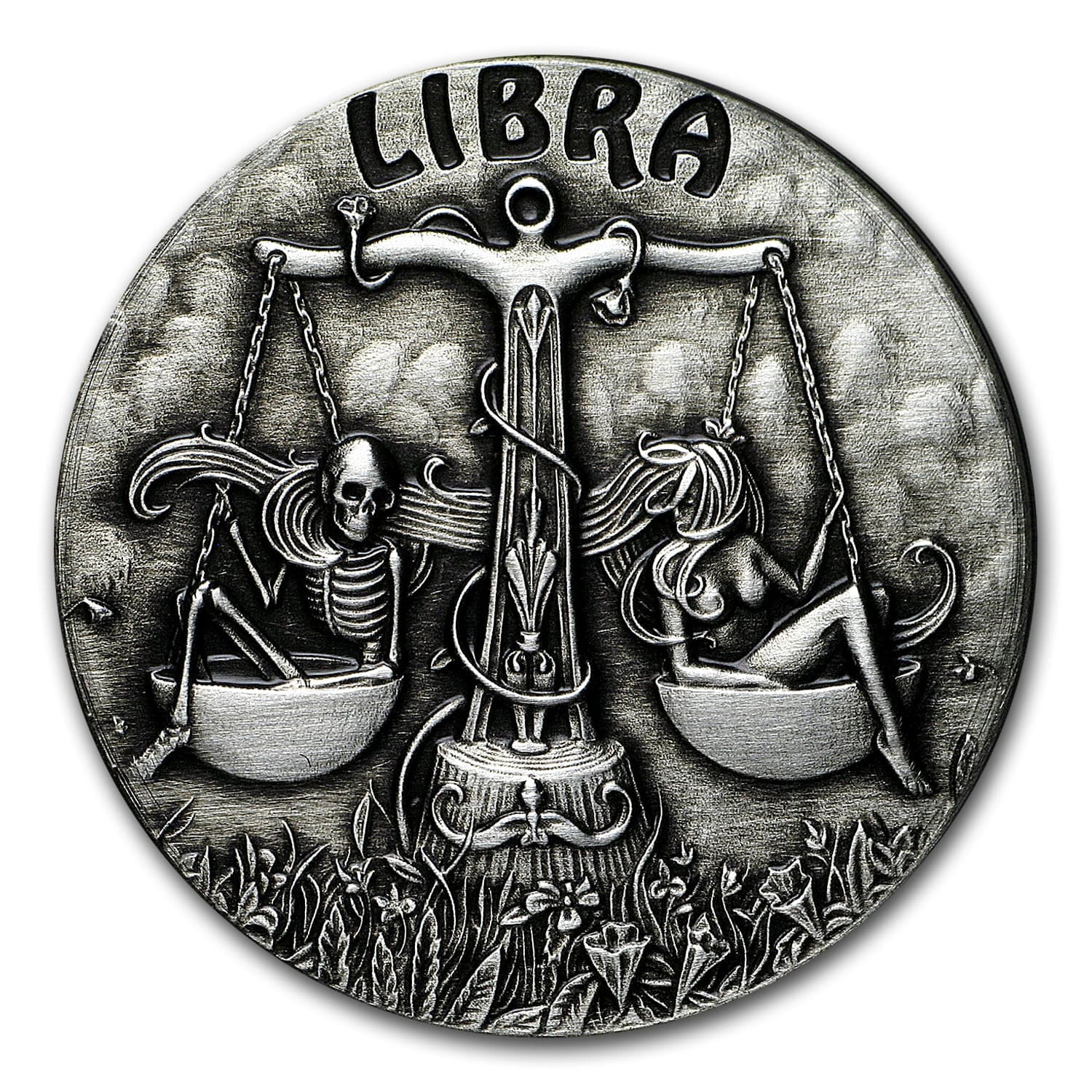 2015 Libra - Zodiac Skull Series 1oz Silver Antiqued Coin Reverse View
