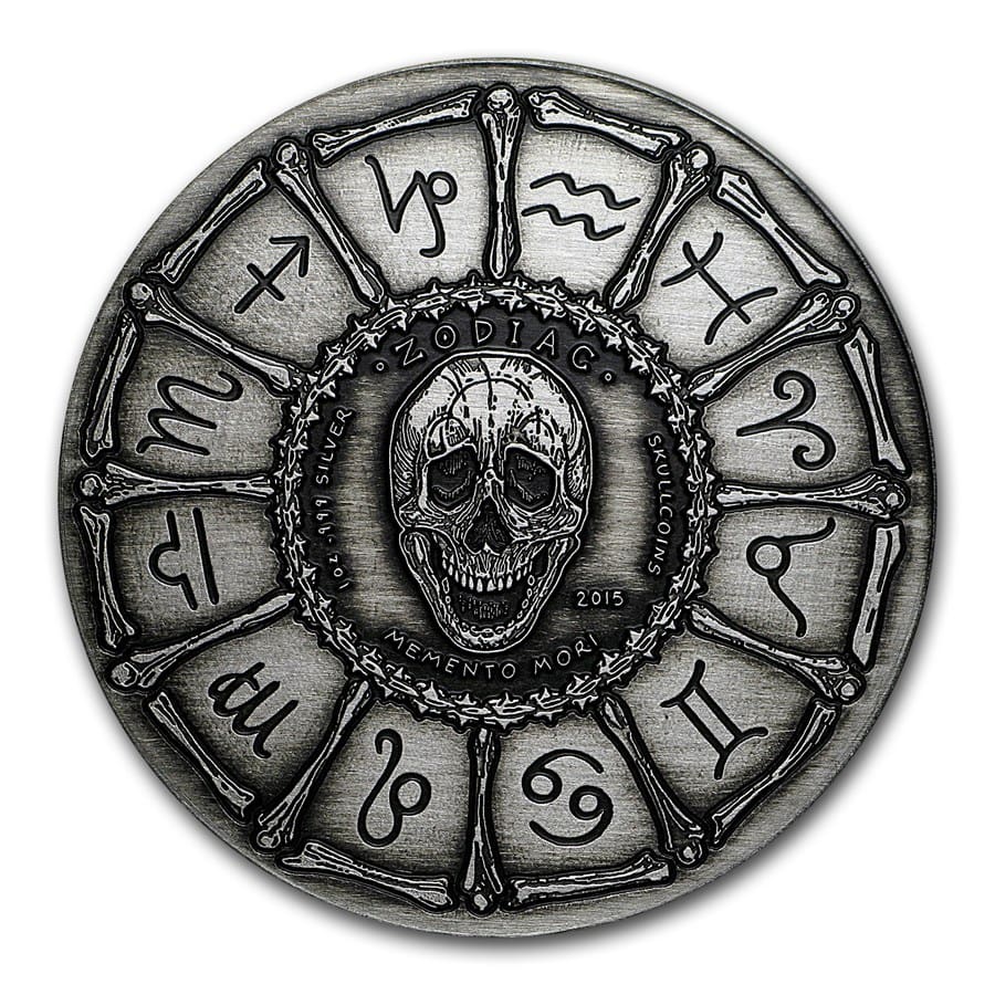 2015 Scorpio - Zodiac Skull Series 1oz Silver Antiqued Coin Obverse View