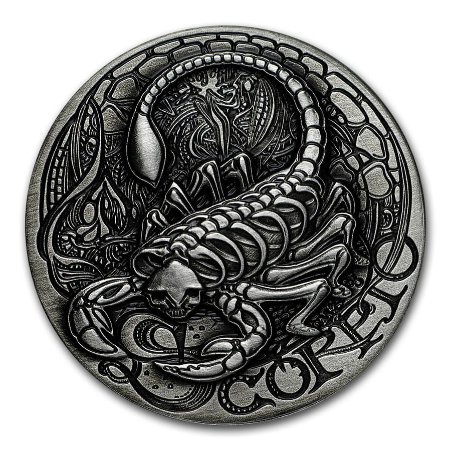 2015 Scorpio - Zodiac Skull Series 1oz Silver Antiqued Coin Reverse View