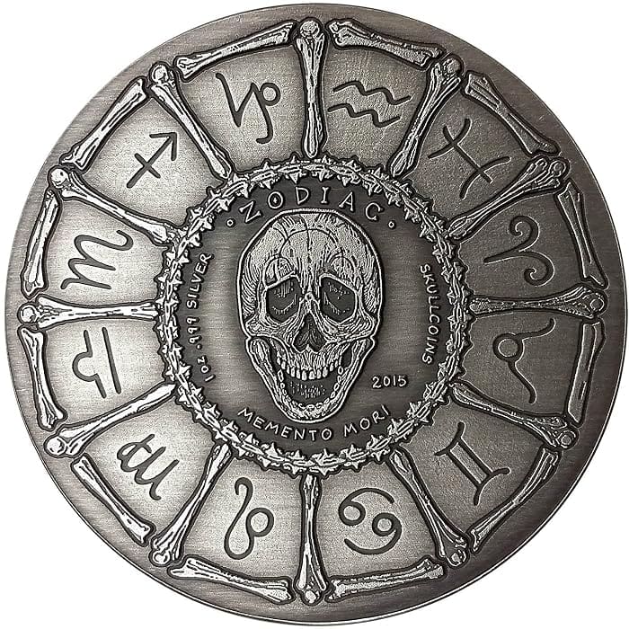 2015 Virgo – Zodiac Skull Series 1oz Silver Antiqued Coin Obverse View