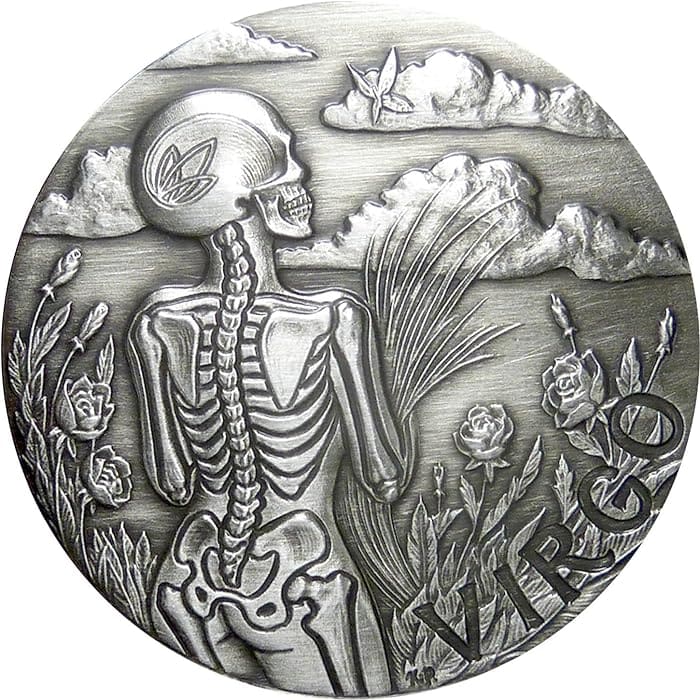 2015 Virgo – Zodiac Skull Series 1oz Silver Antiqued Coin Reverse View