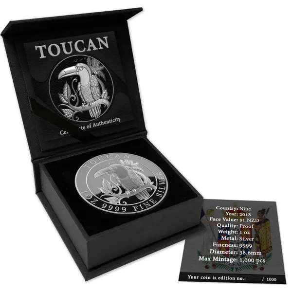 2018 $1 Toucan 1oz Silver Proof Coin - Cased View
