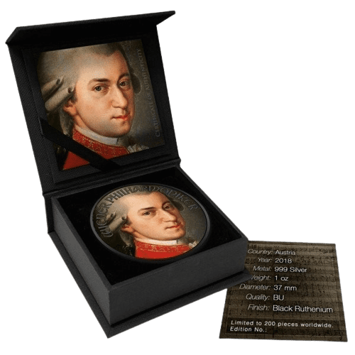 2018 Austrian Philharmonic Mozart 1oz Silver Coin Cased View