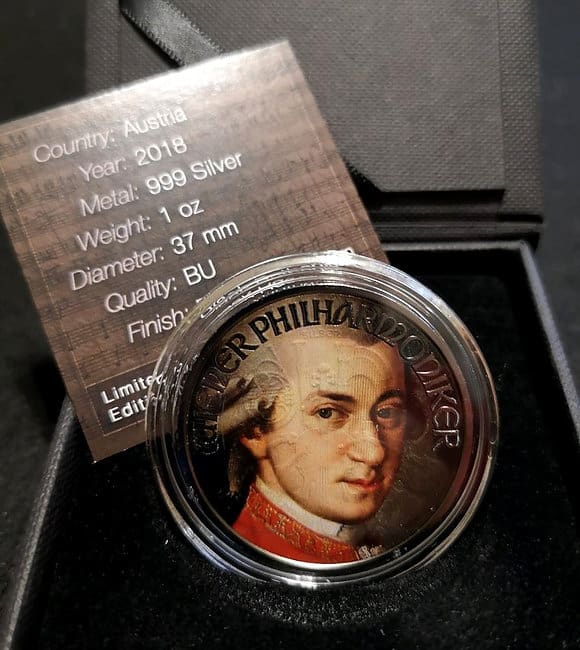 2018 Austrian Philharmonic Mozart 1oz Silver Coin Reverse View in Box