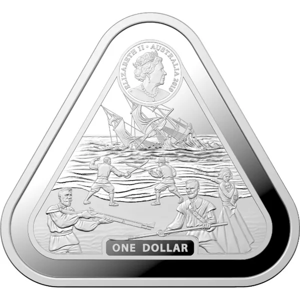 2019 $1 Batavia Triangular 1oz Silver BU Coin Obverse View