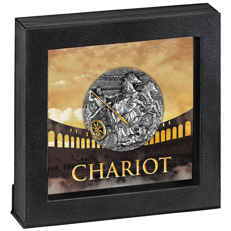 2019 $5 Chariot 2oz Silver Ultra High Relief Gilded Coin Cased View