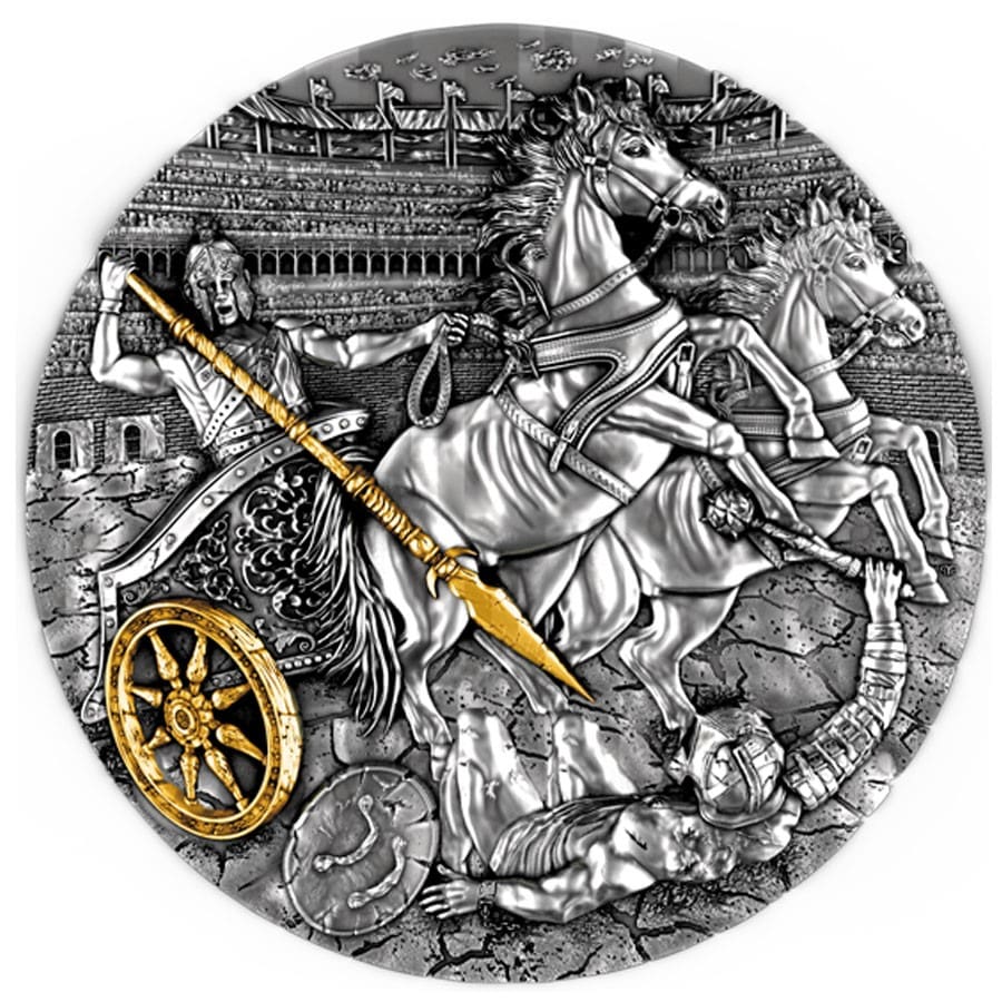 2019 $5 Chariot 2oz Silver Ultra High Relief Gilded Coin Reverse View