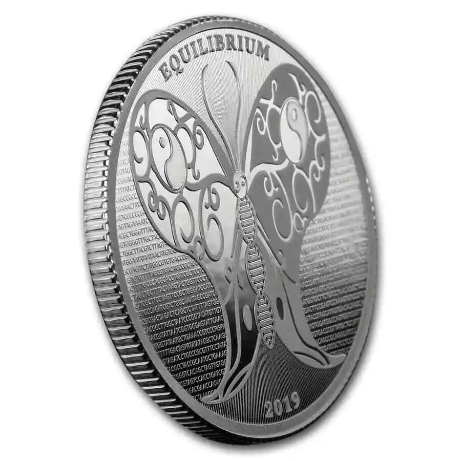 2019 $5 Equilibrium Butterfly 1oz Silver Prooflike Coin Tilted Reverse View