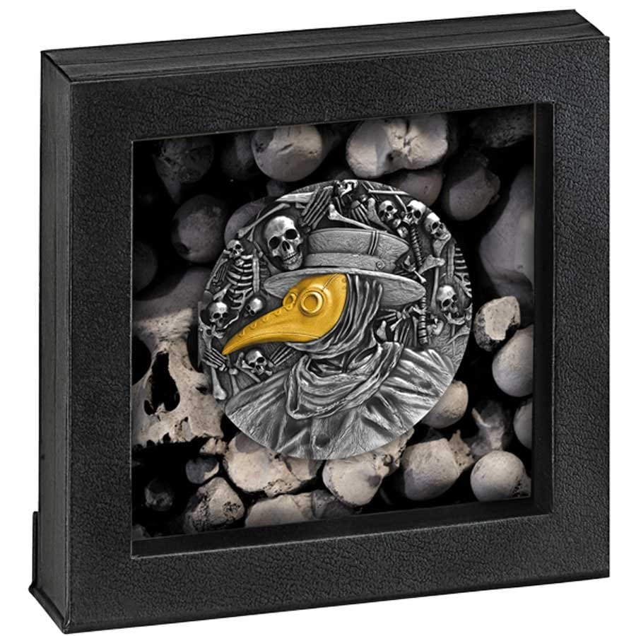 2019 $5 Mask Of Plague Doctor 2oz Silver Gilded Coin Cased
