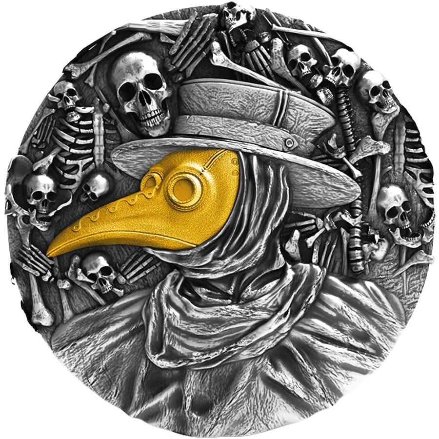 2019 $5 Mask Of Plague Doctor 2oz Silver Gilded Coin Reverse View
