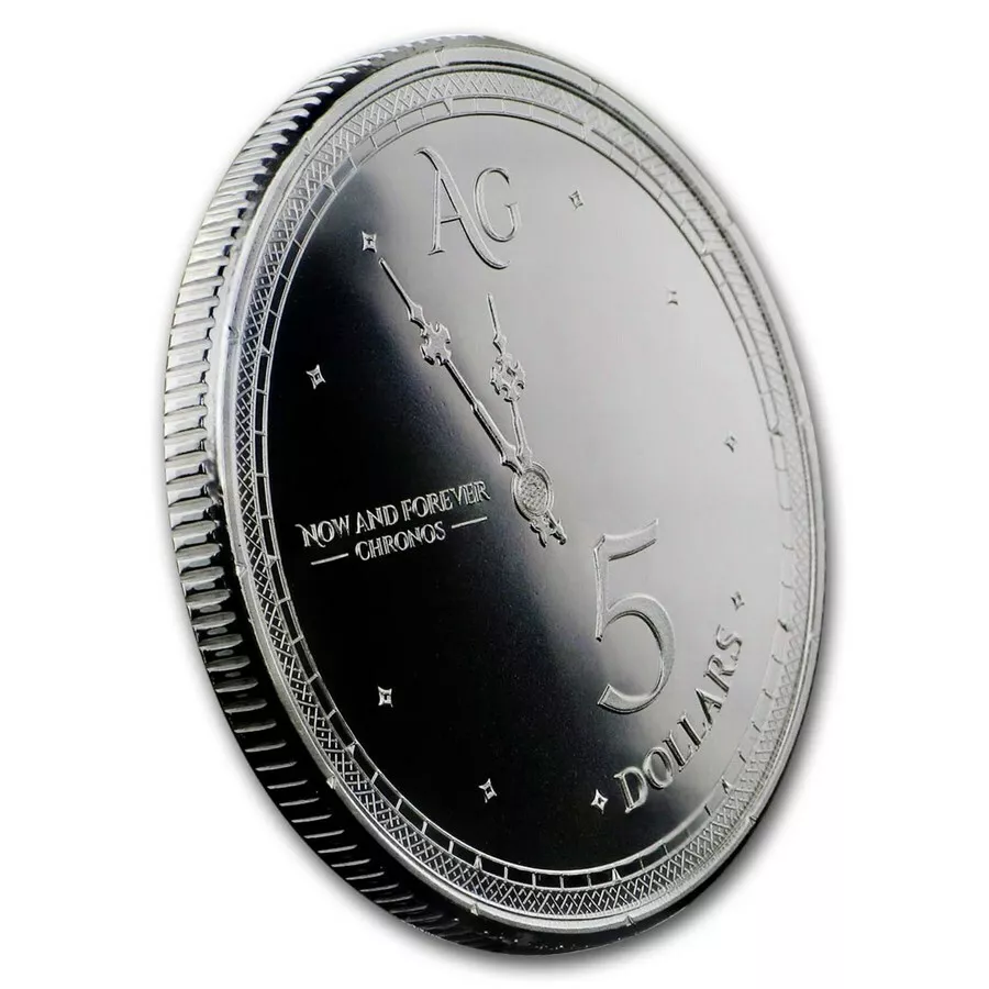 2019 $5 Now And Forever - Chronos 1oz Silver Prooflike Coin Tilted Reverse View