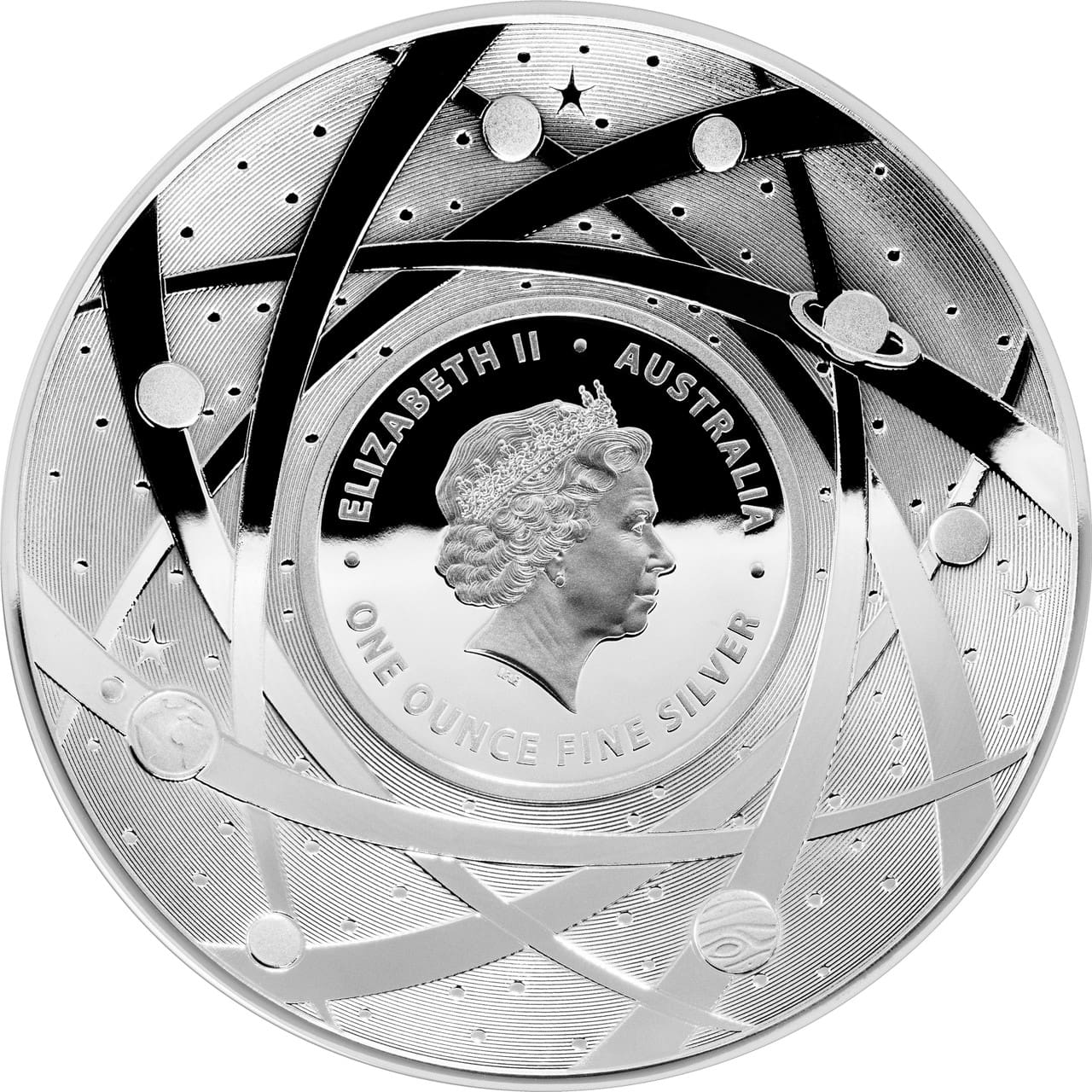 2019 $5 The Moon - The Earth & Beyond 1oz Silver Proof Concave Coin - Obverse View