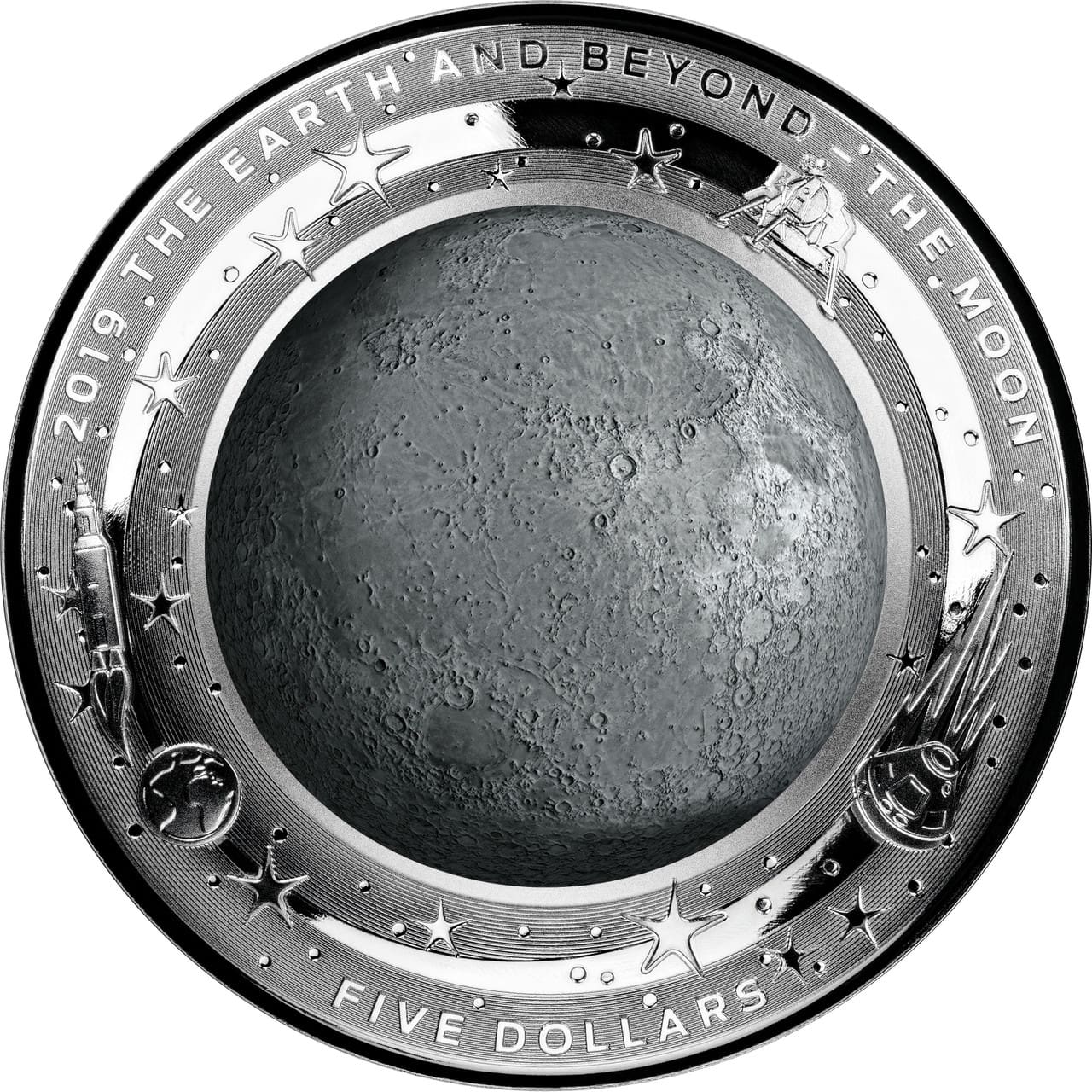2019 $5 The Moon - The Earth & Beyond 1oz Silver Proof Concave Coin - Reverse View