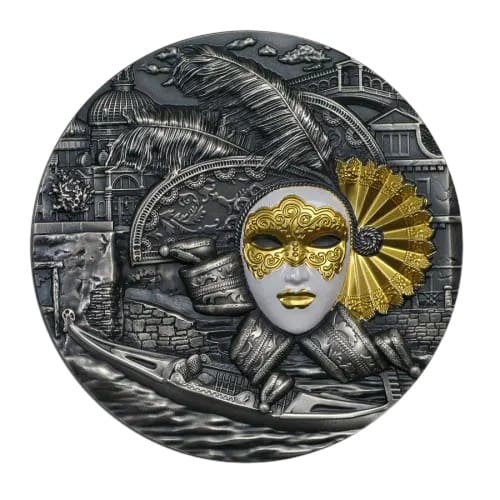 2019 $5 Venetian Mask 2oz Silver High Relief Gilded Coin Reverse View