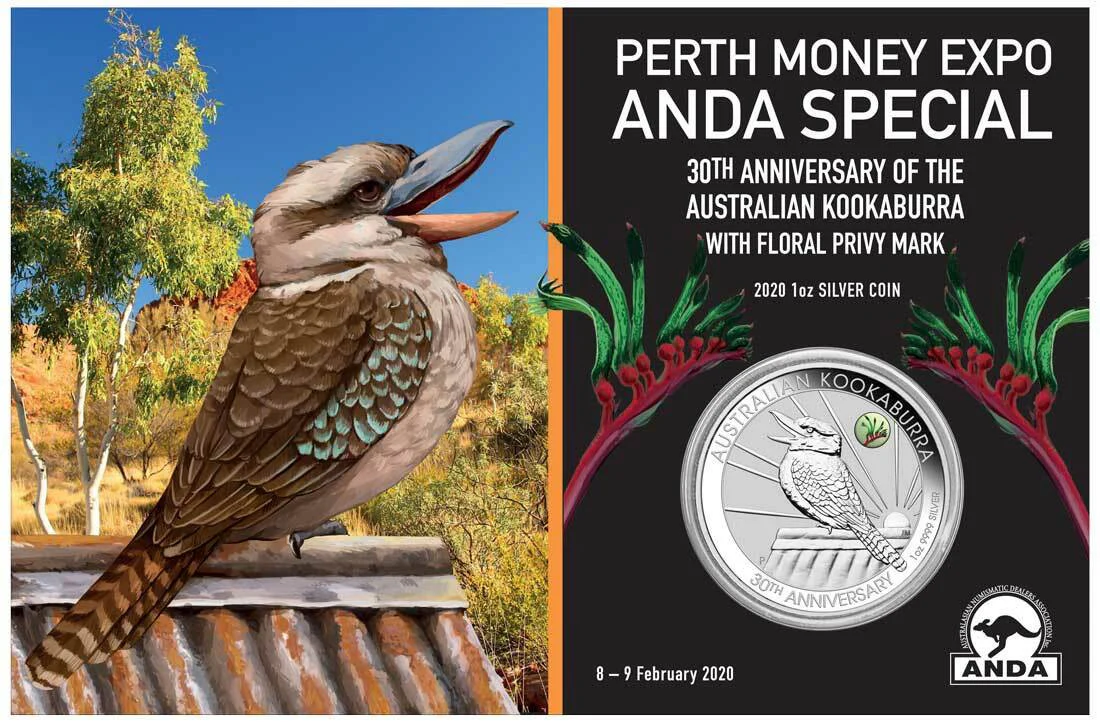 2020 $1 30th Ann. Of Australian Kookaburra 1oz Silver Perth ANDA Money Expo Coin - Cased View
