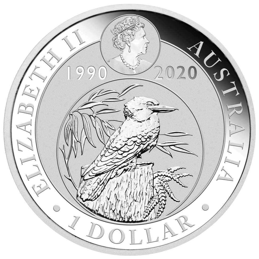 2020 $1 30th Ann. Of Australian Kookaburra 1oz Silver Perth ANDA Money Expo Coin - Obverse View
