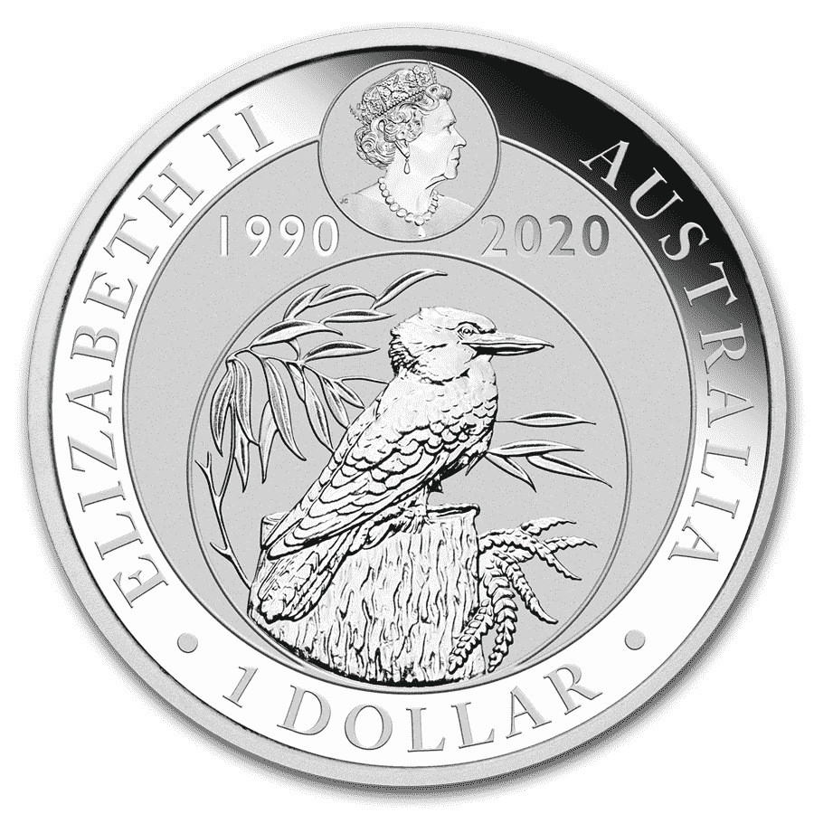 2020 $1 30th Anniversary 1oz Silver Kookaburra Bullion Round Obverse View