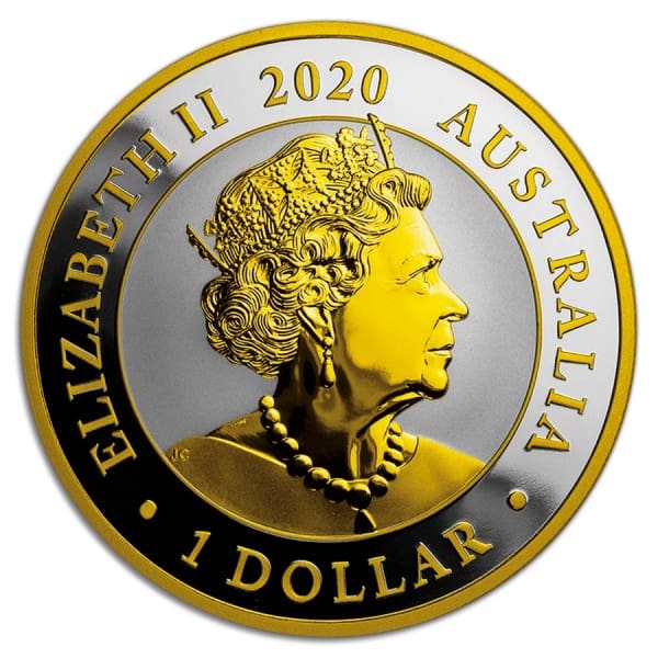 2020 $1 Australian Silver Swan 1oz Silver Gilded Coin - Obverse View