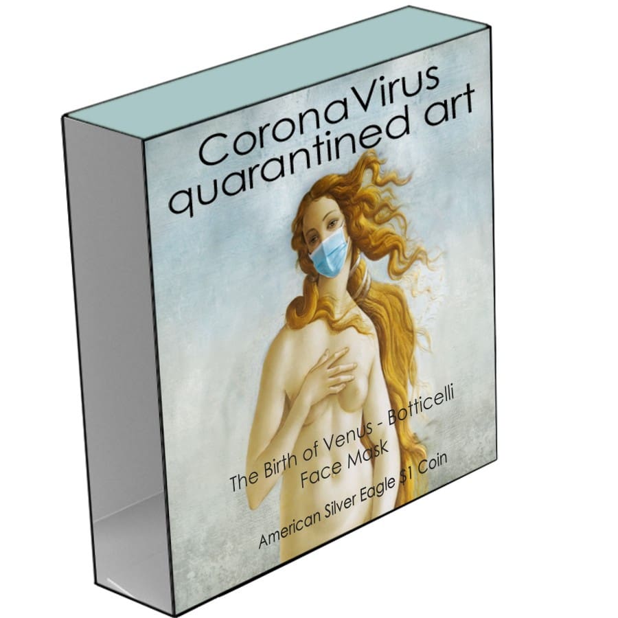 2020 $1 Birth of Venus - Quarantined Art - Face Mask 1oz Silver Gilded Coin Boxed View