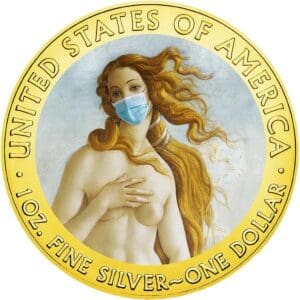 2020 $1 Birth of Venus - Quarantined Art - Face Mask 1oz Silver Gilded Coin