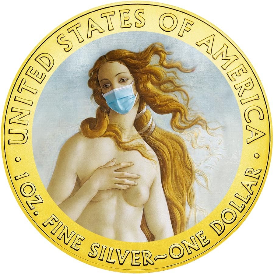 2020 $1 Birth of Venus - Quarantined Art - Face Mask 1oz Silver Gilded Coin Obverse View