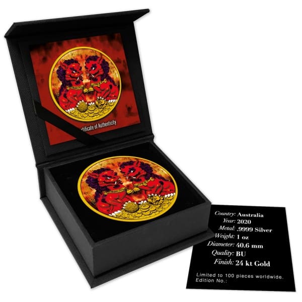 2020 $1 Double Pixiu Guardian Lions - Burning Hell 1oz Silver Gilded Coin - OVerview