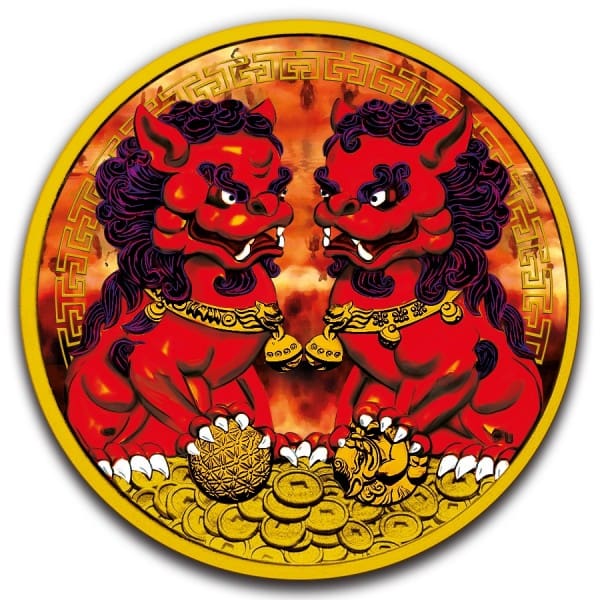 2020 $1 Double Pixiu Guardian Lions - Burning Hell 1oz Silver Gilded Coin - Reverse View