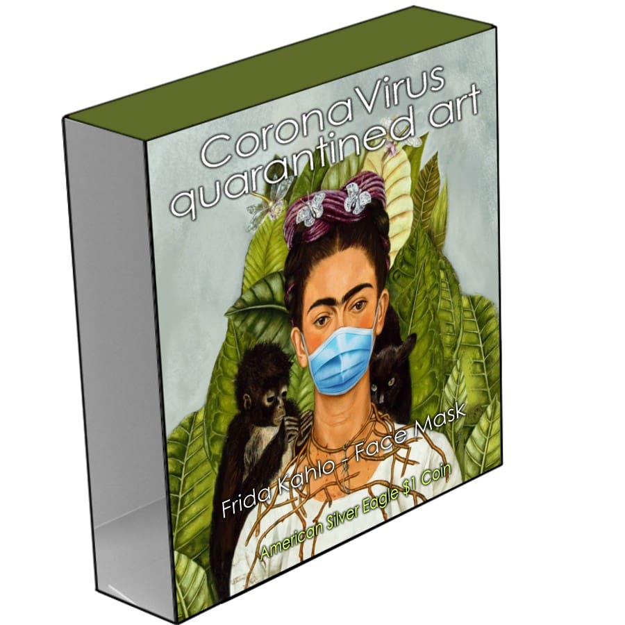 2020 $1 Frida Kahlo - Quarantined Art - Face Mask 1oz Silver Gilded Coin Boxed View