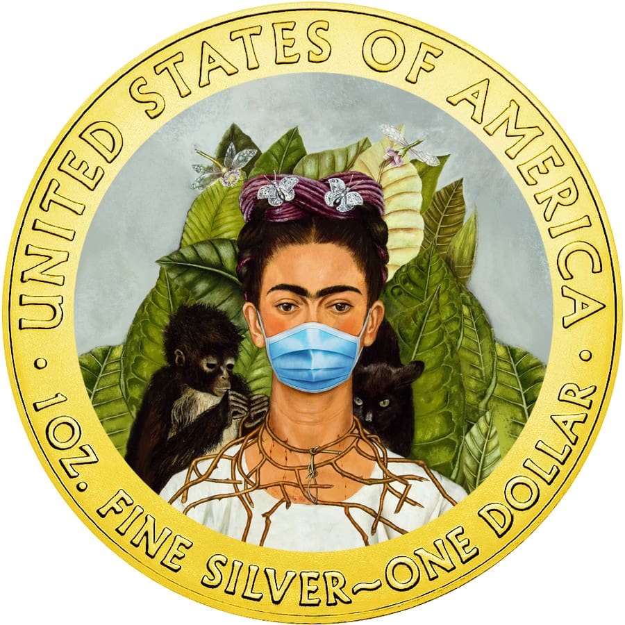 2020 $1 Frida Kahlo - Quarantined Art - Face Mask 1oz Silver Gilded Coin Obverse View