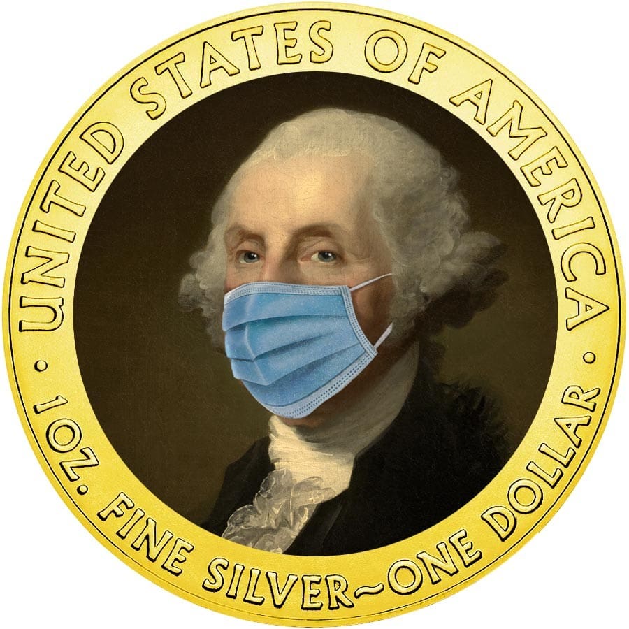 2020 $1 George Washington - Face Mask - Quarantined Art 1oz Silver Gilded Coin Obverse View