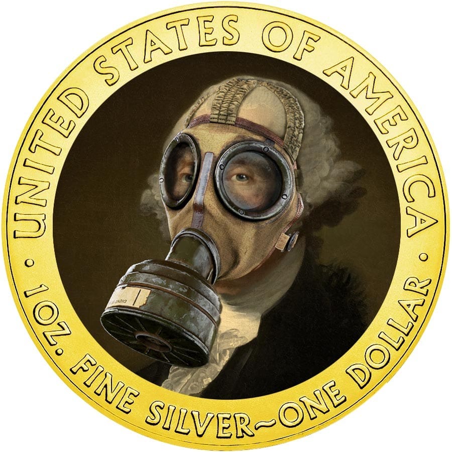 2020 $1 George Washington Gas Mask - Quarantined Art 1oz Silver Gilded Coin Reverse View