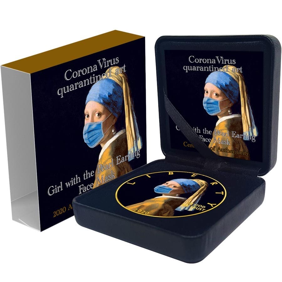 2020 $1 Girl with a Pearl Earring - Face Mask - Quarantined Art 1oz Silver Coin Cased View