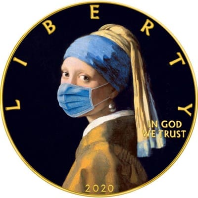2020 $1 Girl with a Pearl Earring - Face Mask - Quarantined Art 1oz Silver Coin Reverse View