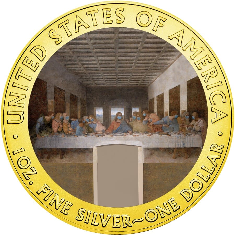 2020 $1 Last Supper - Face Mask - Quarantined Art 1oz Silver Gilded Coin Obverse View
