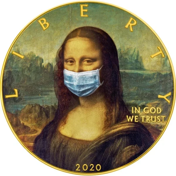 2020 $1 Mona Lisa - Face Mask - Quarantined Art 1oz Silver Gilded Coin Reverse View