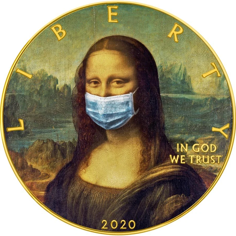 2020 $1 Mona Lisa - Face Mask - Quarantined Art 1oz Silver Gilded Coin Reverse View