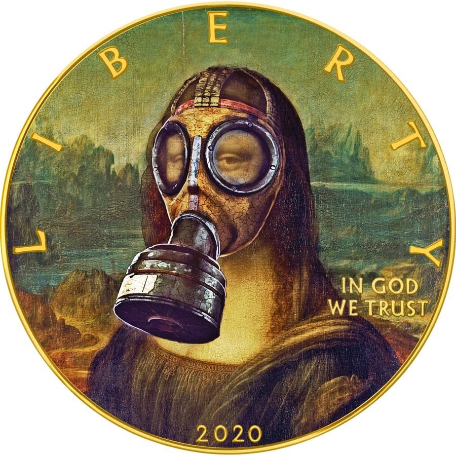 2020 $1 Mona Lisa - Gas Mask - Quarantined Art 1oz Silver Gilded Coin Reverse View