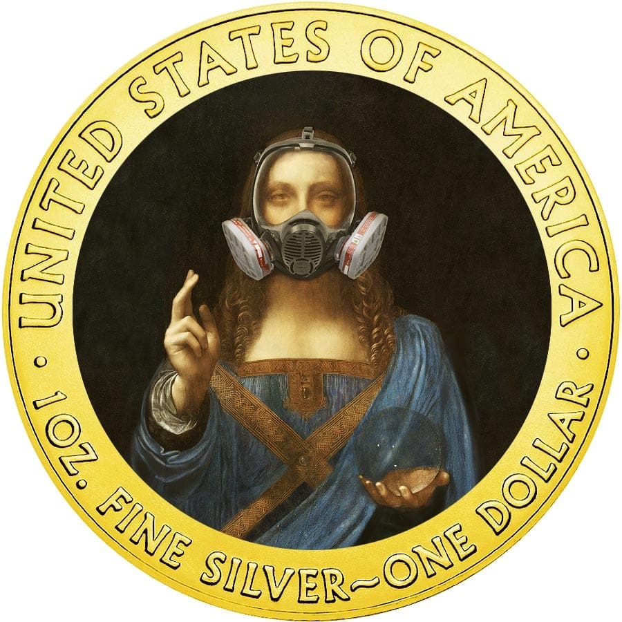 2020 $1 Salvator Mundi Respirator - Quarantined Art 1oz Silver Gilded Coin Reverse View