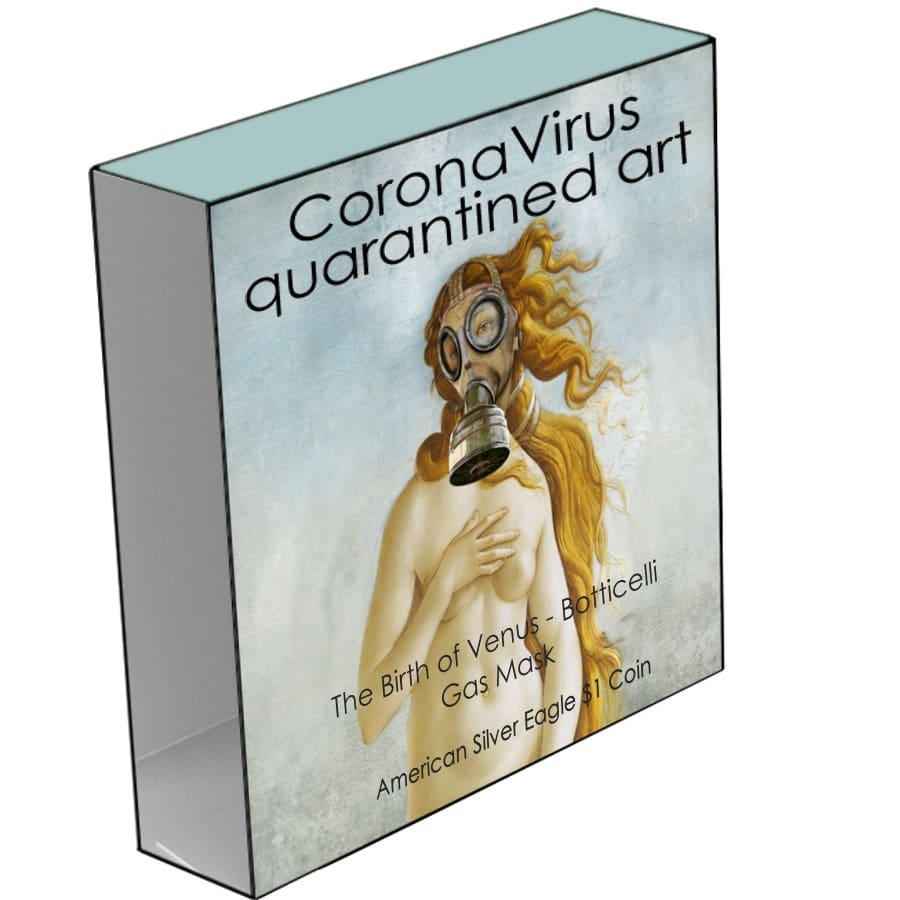 2020 $1 The Birth Of Venus - Botticelli Gas Mask 1oz Silver Gilded Coin Cased View