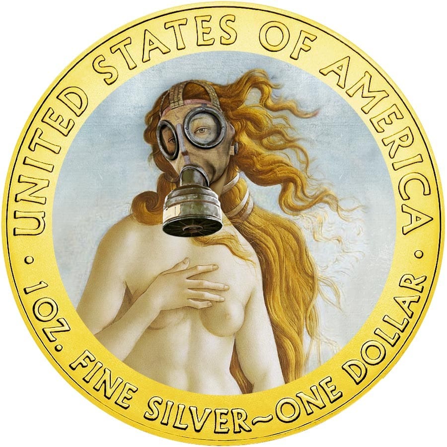 2020 $1 The Birth Of Venus - Botticelli Gas Mask 1oz Silver Gilded Coin Reverse View