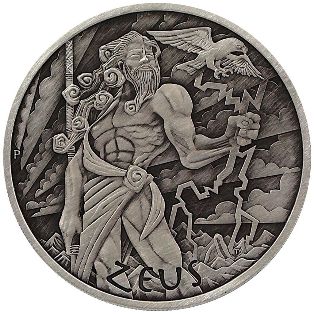 2020 $1 Zeus Gods of Olympus 1oz Silver Antiqued Coin Reverse View