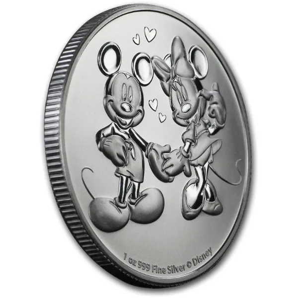 2020 $2 Disney Mickey & Minnie 1oz Silver BU Coin Tilted Reverse View