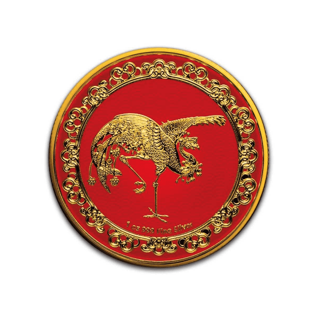 2020 $2 The Red Phoenix Celestial Animals 1oz Silver Gilded Coin - Reverse View