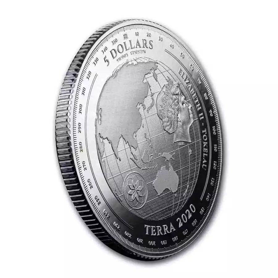 2020 $5 Tokelau Terra 1oz Silver Prooflike Coin Tilted Obverse View