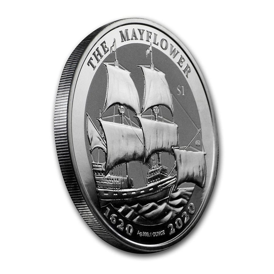 2020 BVI Mayflower 400th Anniversary 1oz Silver BU Coin Tilted Reverse View