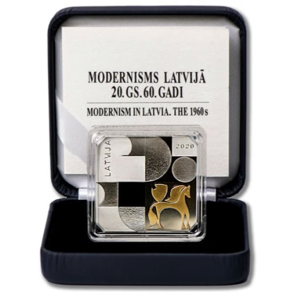 2020 €5 Modernism in Latvia - The Sixties Silver Proof Coin - Case Open View