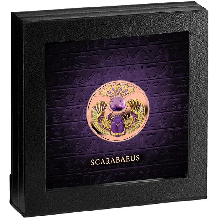2021 $1 Amethyst Scarabaeus Silver Rose Gilded Coin Front of Box