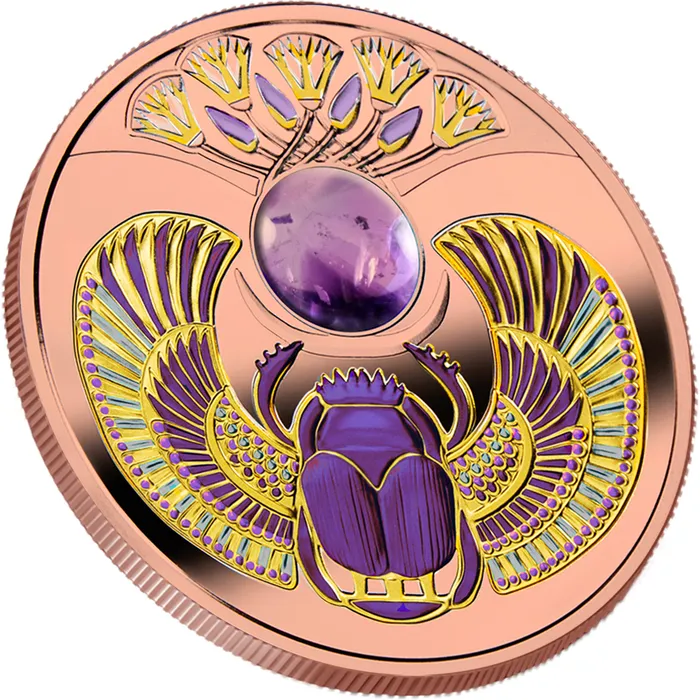 2021 $1 Amethyst Scarabaeus Silver Rose Gilded Coin Tilted Reverse View