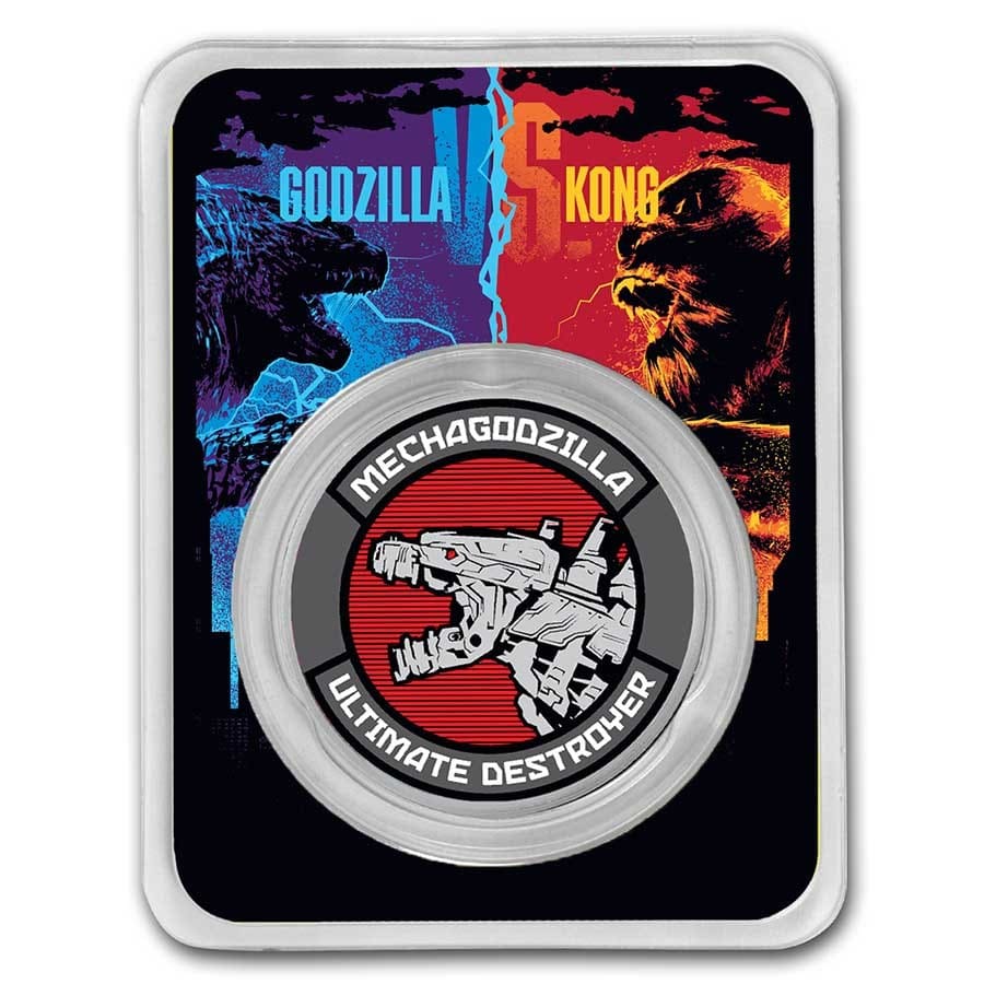 2021 $2 Mechagodzilla Colourised 1oz Silver Coin (TEP) Front of Case